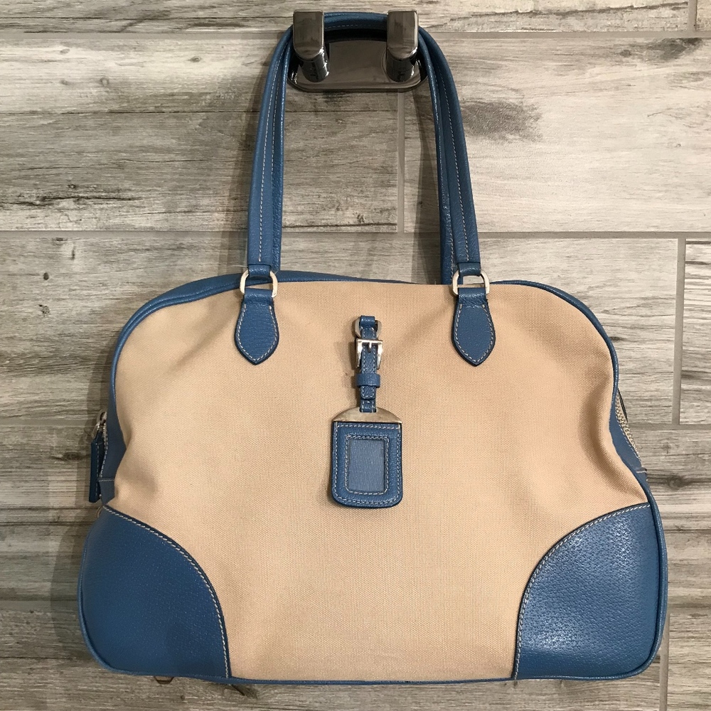 Prada Canapa & Cinghiale Bowler Bag Beige & Blue